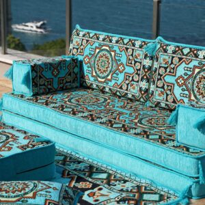 Turquoise Arabic Living Room, Moroccan Home Decor, Floor Cushion, Arabic Floor Couch, Turkish Floor Sofa, Ethnic Sofa, Arabic Sofa Seating (Sofa Full Set)