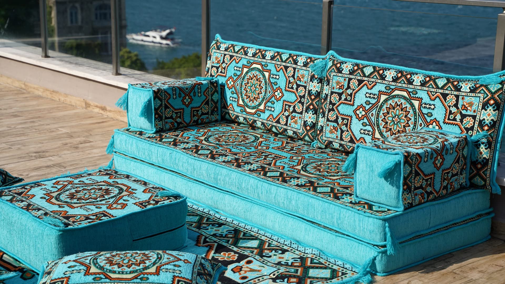 Turquoise Arabic Living Room, Moroccan Home Decor, Floor Cushion, Arabic Floor Couch, Turkish Floor Sofa, Ethnic Sofa, Arabic Sofa Seating (Sofa Full Set)