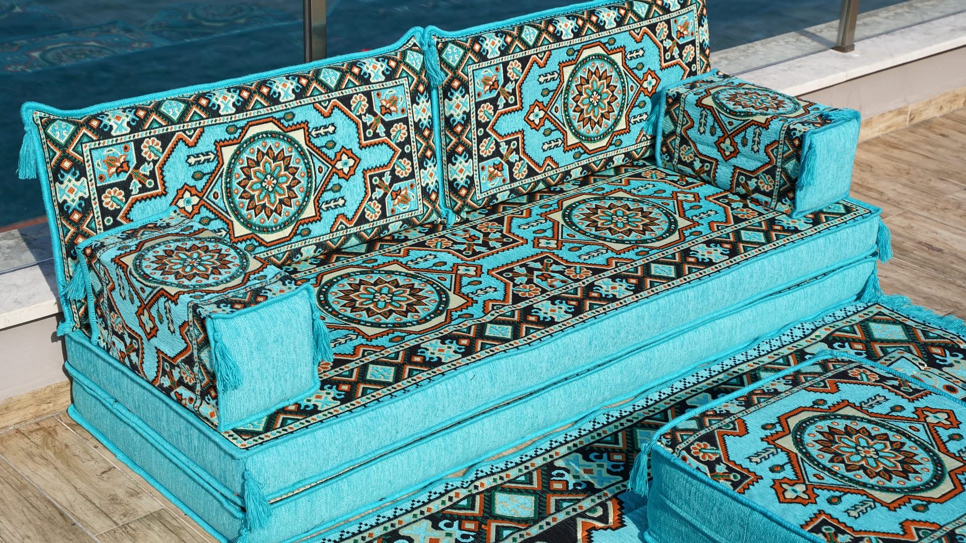 Turquoise Arabic Living Room, Moroccan Home Decor, Floor Cushion, Arabic Floor Couch, Turkish Floor Sofa, Ethnic Sofa, Arabic Sofa Seating (Sofa Full Set)