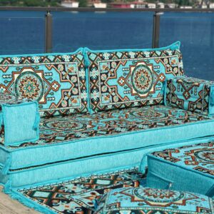 Turquoise Arabic Living Room, Moroccan Home Decor, Floor Cushion, Arabic Floor Couch, Turkish Floor Sofa, Ethnic Sofa, Arabic Sofa Seating (Sofa Full Set)