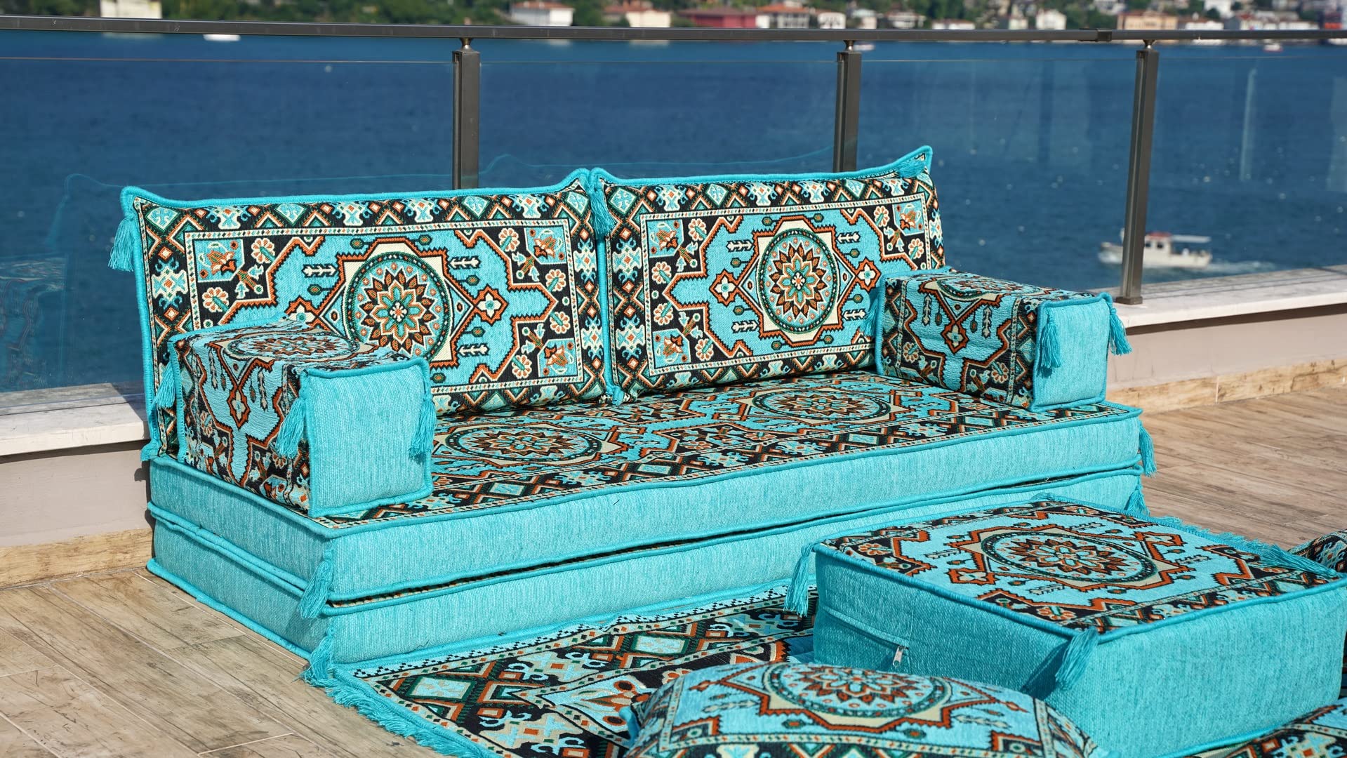 Turquoise Arabic Living Room, Moroccan Home Decor, Floor Cushion, Arabic Floor Couch, Turkish Floor Sofa, Ethnic Sofa, Arabic Sofa Seating (Sofa Full Set)