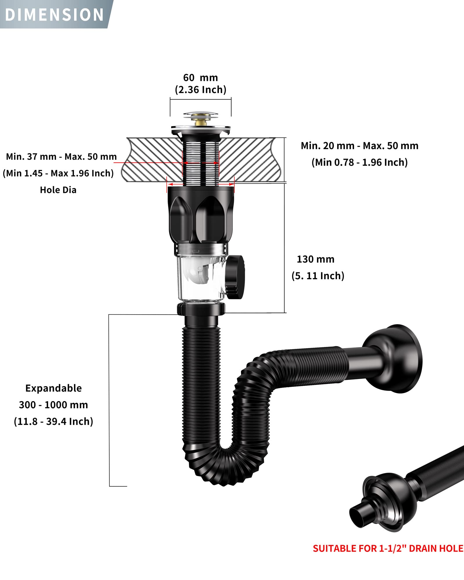 KKDFTU® 2 in 1 Bathroom Sink Drain Kit with Flexible & Expandable P-Trap, Suitable for 1-1/2'' Drain Hole, Pop Up Drain with Built-in Anti-Clogging Stopper Fits Overflow or No Overflow Vessel Sink