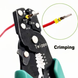 Twippo Crimping Tool, Wire Crimper Tool with Stripper Cutter, Crimping Pliers for Open Barrel Terminals and Heat Shrink Connectors, Crimping for 26-10 AWG, Stripping for 22-16 AWG