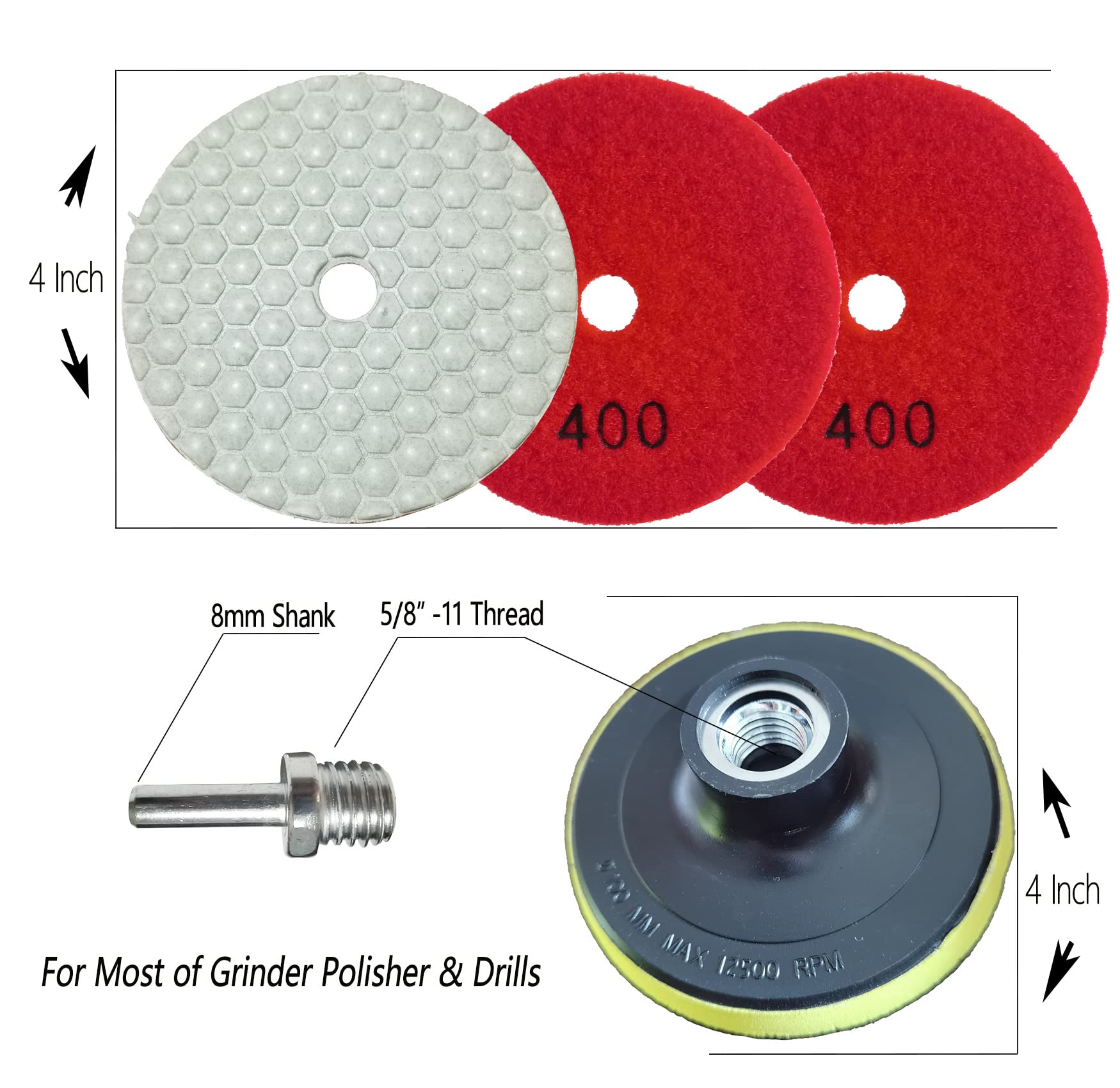 16 Packs Dry Diamond Polishing Pads Grit 400, 4 Inch Dry/Wet Granite Sanding Pad for Bufffing Marble Quartz Concrete Stone Tiles Used for Grinder Polisher Drill