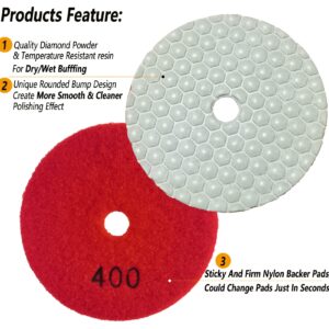 16 Packs Dry Diamond Polishing Pads Grit 400, 4 Inch Dry/Wet Granite Sanding Pad for Bufffing Marble Quartz Concrete Stone Tiles Used for Grinder Polisher Drill