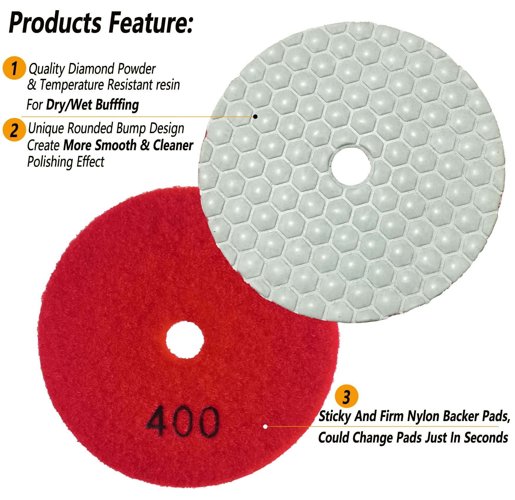 16 Packs Dry Diamond Polishing Pads Grit 400, 4 Inch Dry/Wet Granite Sanding Pad for Bufffing Marble Quartz Concrete Stone Tiles Used for Grinder Polisher Drill