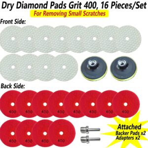 16 Packs Dry Diamond Polishing Pads Grit 400, 4 Inch Dry/Wet Granite Sanding Pad for Bufffing Marble Quartz Concrete Stone Tiles Used for Grinder Polisher Drill