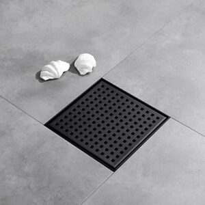 fransiton 4 inch square matte black shower drain with removable quadrato pattern grate, 304 stainless steel showe floor drain with cupc certified includes adjustable leveling feet, hair strainer
