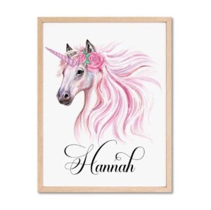 personalized unicorn wall art for girls bedroom, pretty pink unicorn wall print for little girl nursery, cute unicorn bedroom decor for girls with name, unique birthday gift for unicorn lover kids