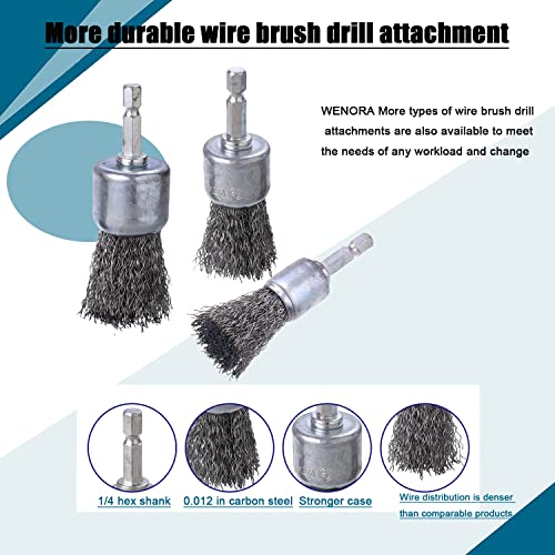 WENORA 9 Pcs Wire Brush Wheel for Drill, Wire Brush for Drill 1-Inch Crimped End Wire Brushes 1/4" Hex Shank for Paint-Surface and Small Spaces