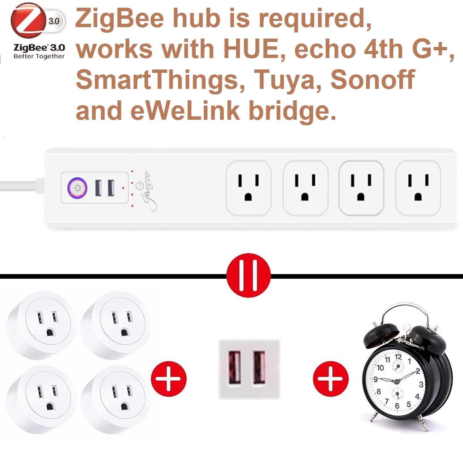 Jinvoo ZigBee Smart Surge Protector Power Strip 15A 2000W Overload Protection Works with Philips HUE SmartThings Tuya HUB Echo Google Home