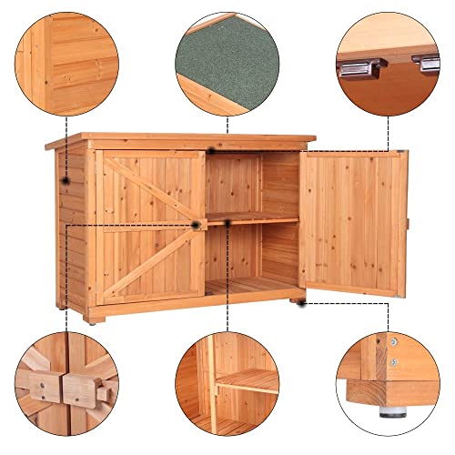 FRITHJILL 34.6 Inch Tall Outdoor Fir Wooden Storage Shed, Tool Organizer Cabinet with Double Doors