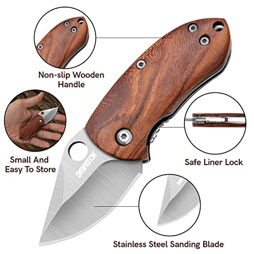 Dispatch Mini Folding Small Pocket Knife, Stainless Steel Sanding Blade and Steelhead EDC Tactical Tools with Wooden Handle, Everyday Carry, Unique Small Gift for Father-Mother Men Women