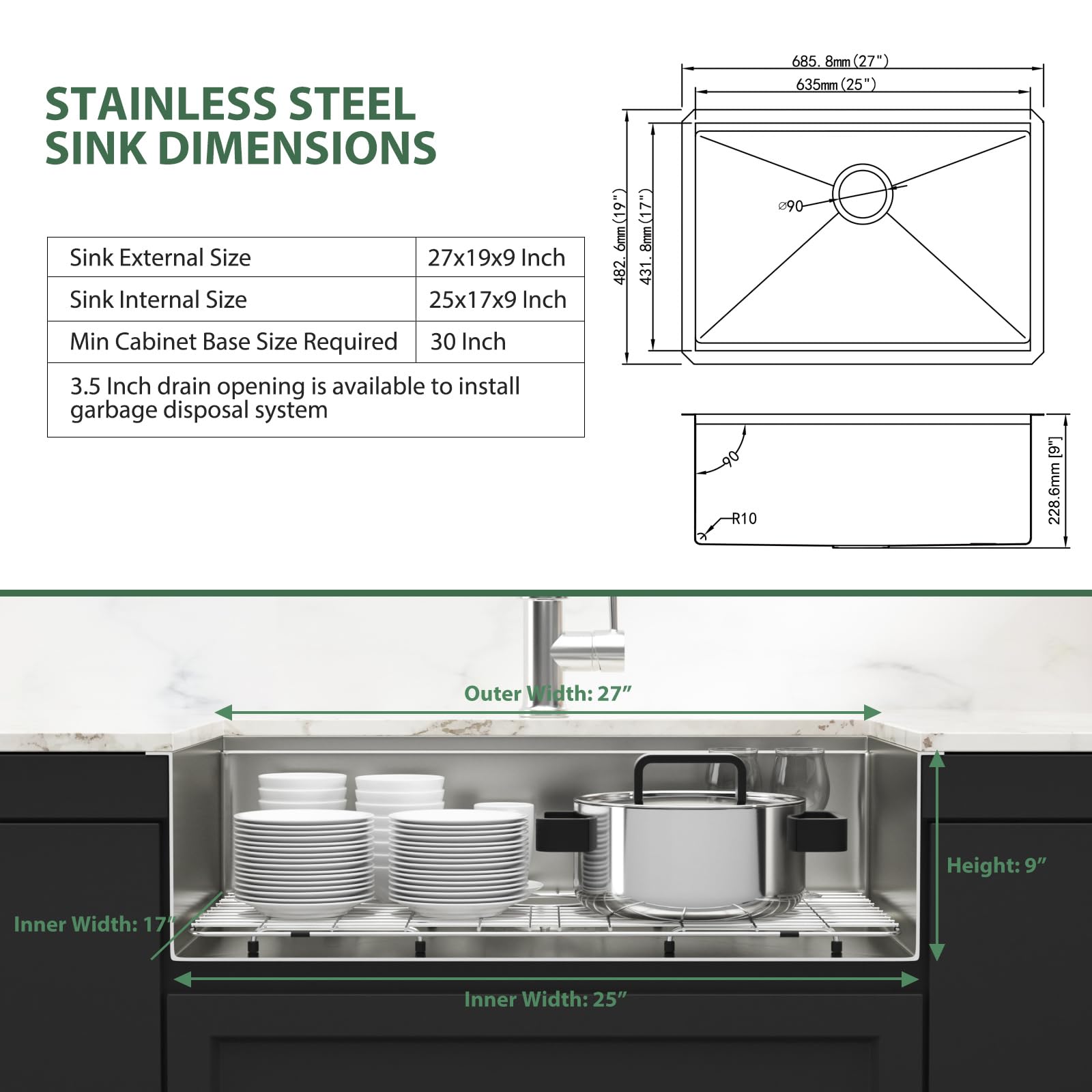 Couoko 27 inch Undermount Workstation Kitchen Sink 27x19 Stainless Steel 16 Gauge Undermount Sink Deep Single Bowl Handmade Under Counter workstation Sink Basin with Cutting Board