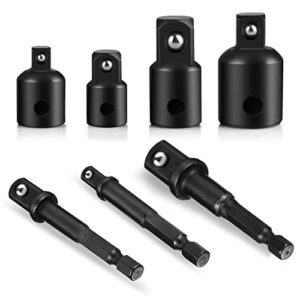 7 pieces set impact drill socket adapter, 1/4"3/8"1/2" hex shank adapter reducer with extension set impact driver conversions, active rust protection by black-phosphate coating treatment
