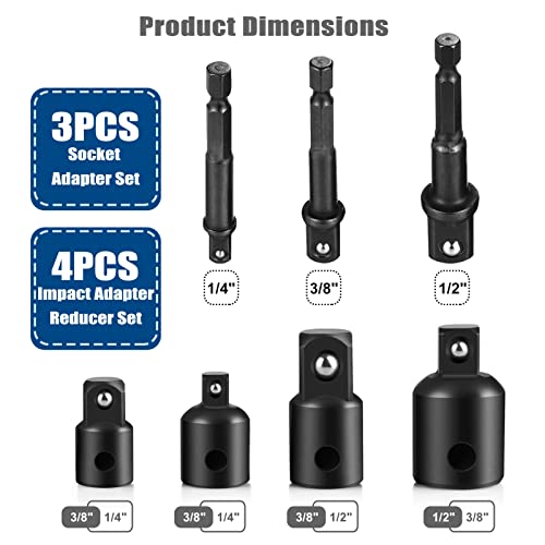 7 Pieces Set Impact Drill Socket Adapter, 1/4"3/8"1/2" Hex Shank Adapter Reducer with Extension Set Impact Driver Conversions, Active Rust Protection By Black-Phosphate Coating Treatment