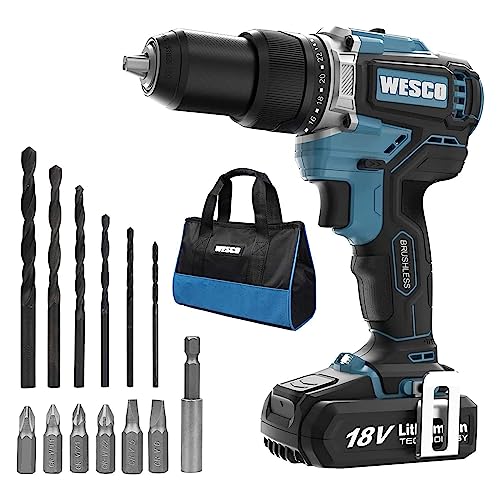 WESCO 20V Cordless Hammer Drill with Safety Clutch, Power Brushless Drill Driver Set with 13 Pcs Drill Bits, 2-Mode Variable Speed Rotary Hammer with Carrying Bag Use for Concrete, Metal, and Stone