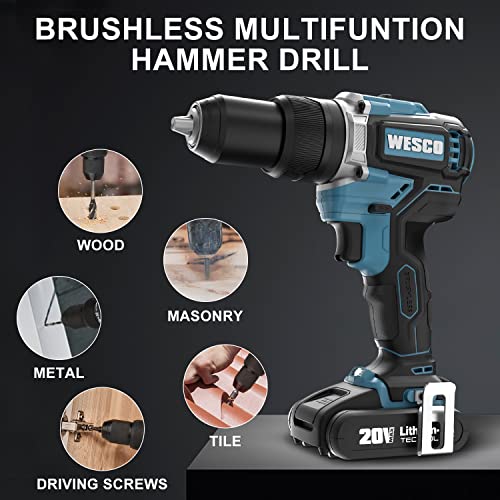 WESCO 20V Cordless Hammer Drill with Safety Clutch, Power Brushless Drill Driver Set with 13 Pcs Drill Bits, 2-Mode Variable Speed Rotary Hammer with Carrying Bag Use for Concrete, Metal, and Stone