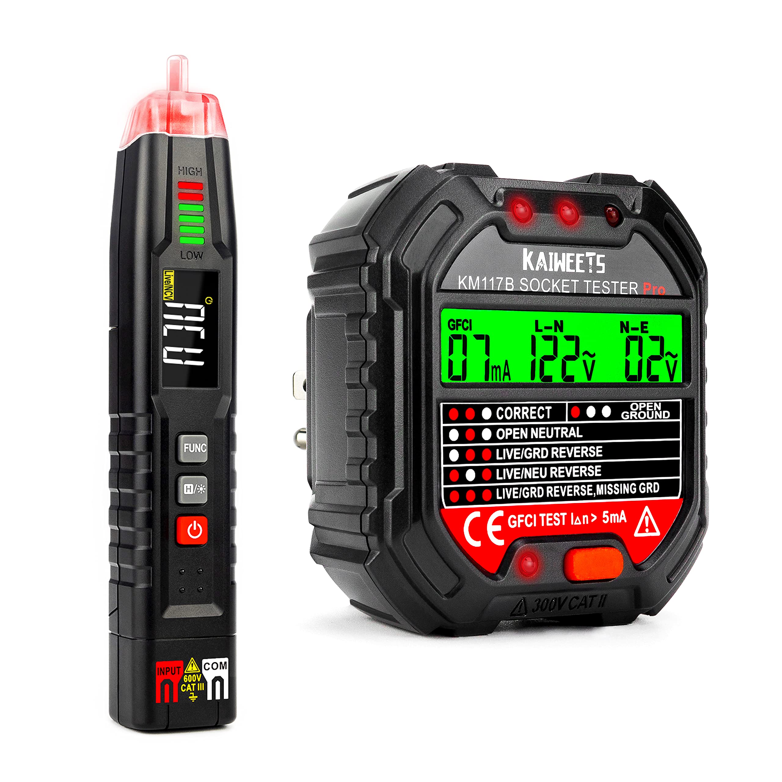 KAIWEETS Multifunction Non Contact Voltage Tester(ST100) and Outlet Tester(KM117B), Home Electricity Problem Checker