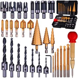 rocaris 32 pack woodworking chamfer drilling tools, including countersink drill bits, l-wrench, wood plug cutter, step bit, center punch, cutting twist bits