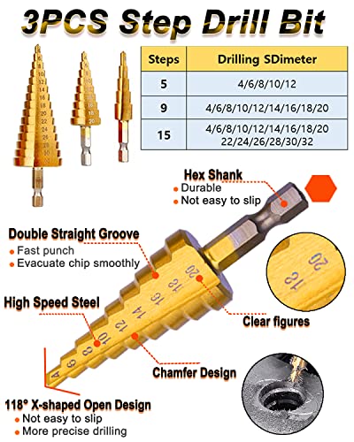 Rocaris 32 Pack Woodworking Chamfer Drilling Tools, Including Countersink Drill Bits, L-Wrench, Wood Plug Cutter, Step Bit, Center Punch, Cutting Twist Bits