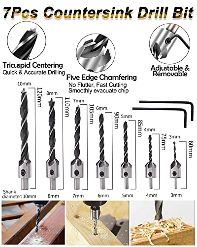 Rocaris 32 Pack Woodworking Chamfer Drilling Tools, Including Countersink Drill Bits, L-Wrench, Wood Plug Cutter, Step Bit, Center Punch, Cutting Twist Bits