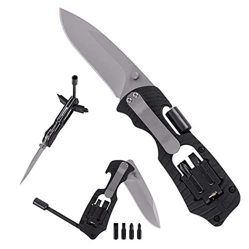 Folding Pocket Knife Multifunction Pocketknife with Clip,3.4-Inch 8Cr13MoV Stainless Steel Blade, Filled Nylon Handle, 1/4-Inch Hex Drive, 2 Flathead Bits and 2 Crosshead Bits for Outdoor, Camping, Hunting Men's Gift