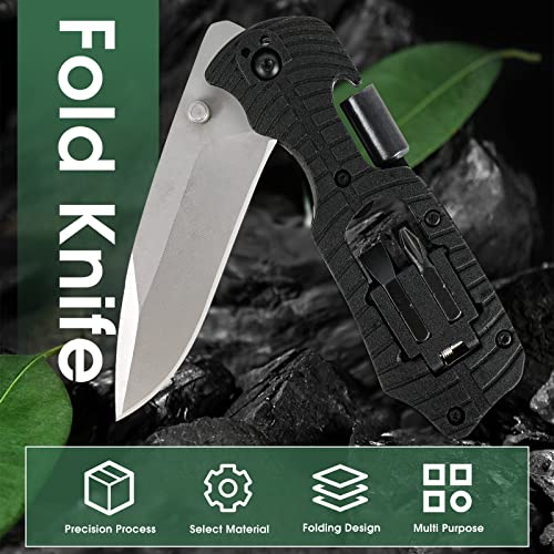 Folding Pocket Knife Multifunction Pocketknife with Clip,3.4-Inch 8Cr13MoV Stainless Steel Blade, Filled Nylon Handle, 1/4-Inch Hex Drive, 2 Flathead Bits and 2 Crosshead Bits for Outdoor, Camping, Hunting Men's Gift