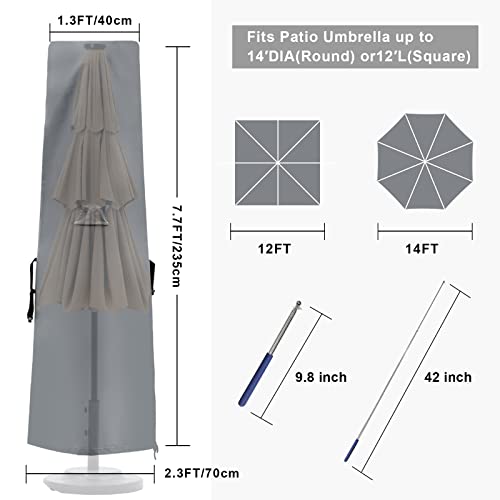 600D Patio Umbrella Parasol Cover Waterproof Outdoor Anti-UV Protective Cover with Zipper Fits Market Umbrella Up to 14 Feet,Grey