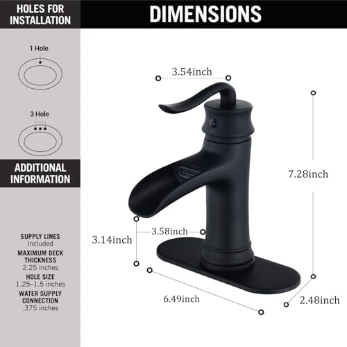 Matte Black Bathroom Sink Faucet Single Hole Waterfall One Handle for Vanity with Brass Pop Up Drain by Yodel Faucet