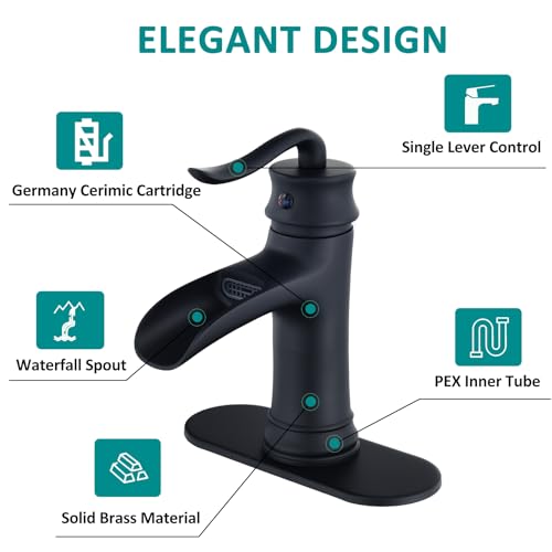 Matte Black Bathroom Sink Faucet Single Hole Waterfall One Handle for Vanity with Brass Pop Up Drain by Yodel Faucet