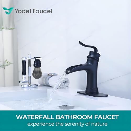 Matte Black Bathroom Sink Faucet Single Hole Waterfall One Handle for Vanity with Brass Pop Up Drain by Yodel Faucet