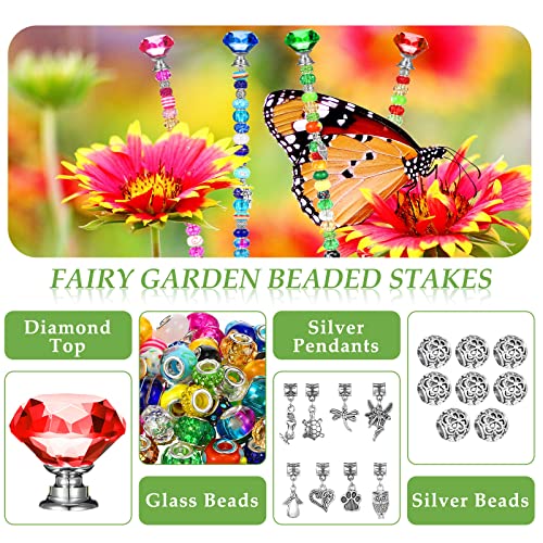 Beaded Garden Decor Includes 8 Pcs Beaded Stakes with Stopper Top Round Glass Bead Antique Silver Bail Bead with Pendant Silver Bead for Outdoor Decoration (Diamond Style)