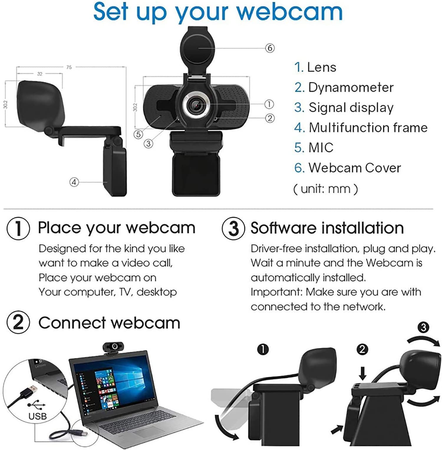 Necesa Webcam HD 1080P, Webcam with Microphone and Privacy Cover, Streaming Computer or Desktop Laptop USB Web Camera with 110 Big Black