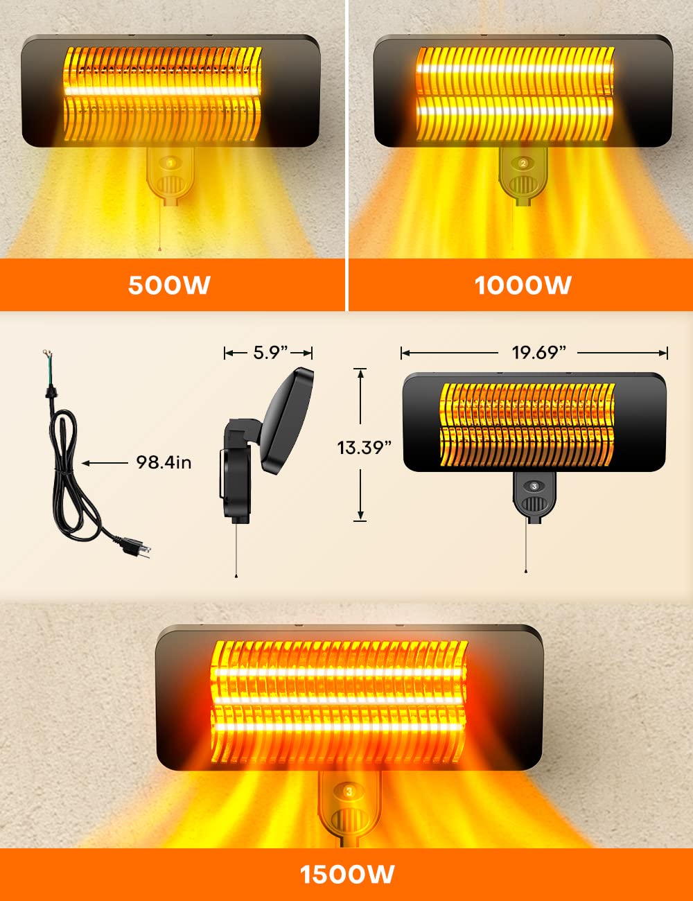 Electric Patio Heater, 1500W Outdoor Heaters for Patio, Waterproof Fast Heating Electric Infrared Heater, 3 Mode Radiant Heater w/Overheat Protection, Wall Mounted Garage Heater for Outdoor/Indoor Use