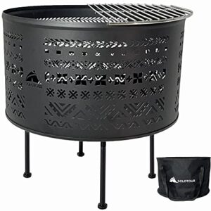 solotour portable camping fire pit with grill,wood burning outdoor bonfire fireplace |13.7x13.9 inch with carrying bag