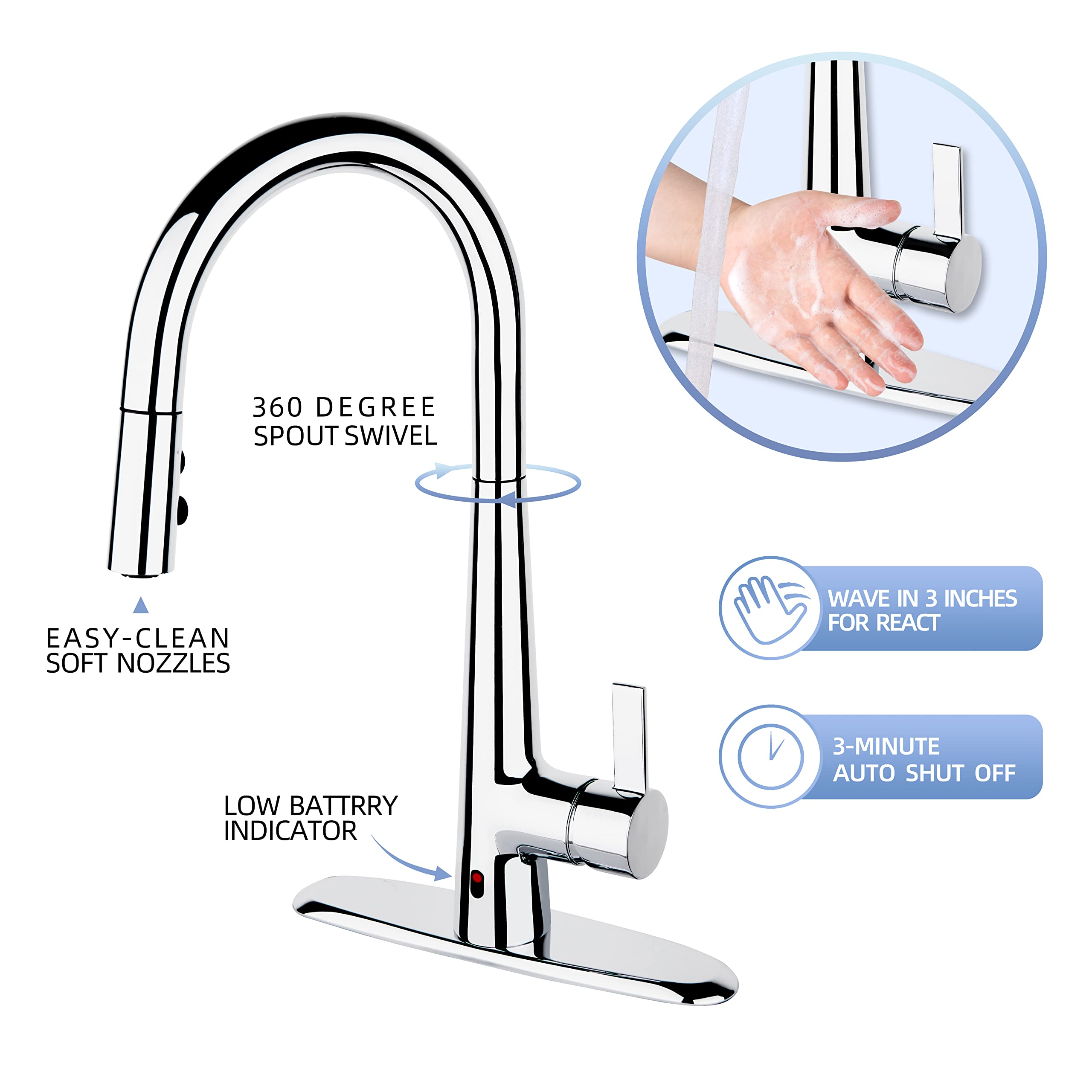 IMHOMII ‎E8305xxxxx Touchless Kitchen Faucet with Pull Down Sprayer, Motion Sensor Activated Smart Kitchen Sink Faucets,Hands Free Brass Kitchen Taps 360 Degree Swivel High Spout, Chrome