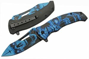 szco supplies 8.5” haunted skull liner lock edc folding knife with pocket clip, blue (300577-bl)