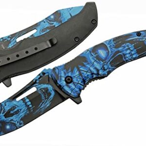 SZCO Supplies 8.5” Haunted Skull Liner Lock EDC Folding Knife With Pocket Clip, Blue (300577-BL)