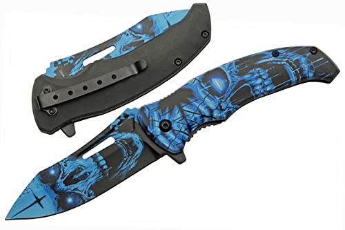 SZCO Supplies 8.5” Haunted Skull Liner Lock EDC Folding Knife With Pocket Clip, Blue (300577-BL)