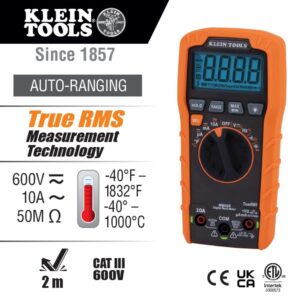 Klein Tools MM420 Digital Multimeter, Auto-Ranging TRMS Multimeter, 600V AC/DC Voltage, 10A AC/DC Current, 50 MOhms Resistance