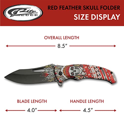 SZCO Supplies 8.5” Red Feather Skull Liner Lock EDC Folding Knife With Pocket Clip