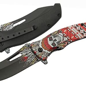 SZCO Supplies 8.5” Red Feather Skull Liner Lock EDC Folding Knife With Pocket Clip