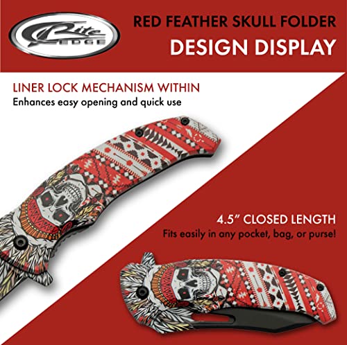 SZCO Supplies 8.5” Red Feather Skull Liner Lock EDC Folding Knife With Pocket Clip
