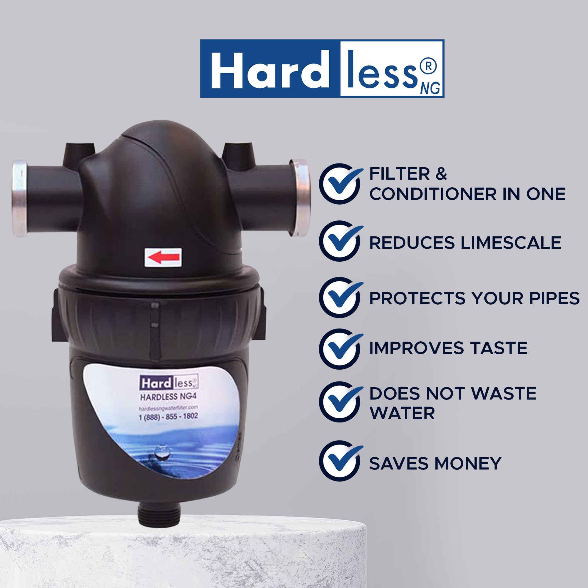 Hardless NG4 Whole House Water Filter - Salt-Free Water Softener Alternative- Reduces Limescale, Sediment & More- Compact, Easy to Install- Comes with 3/4" Inlet/Outlet- Home Water Filtration System