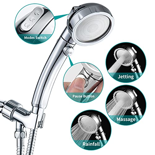 MIAOHUI Modern Handheld Shower Head with On Off Switch, High Pressure Shower Head with Handheld, 3 Spray Settings Removable Shower Head with Hose, Angle Adjustable Shower Bracket, Teflon Tape (Chrome)