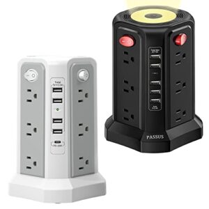 surge protector power strip with 5 usb ports, night light, 18w fast charging port, 10ft extension cord with 12 ac multiple outlets, power strips tower, overload protection for home office dorm room