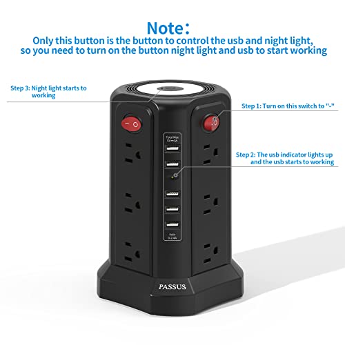 Surge Protector Power Strip with 5 USB Ports, Night Light, 18W Fast Charging Port, 10FT Extension Cord with 12 AC Multiple Outlets, Power Strips Tower, Overload Protection for Home Office Dorm Room