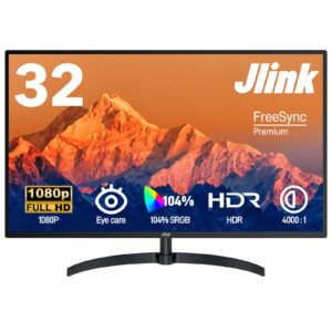 jlink computer monitor fhd 32 inch monitor, 1920x1080p 60hz 104% srgb display w/hdmi vga 3.5mm audio, hdr, va screen w/freesync, tilt，vesa mount