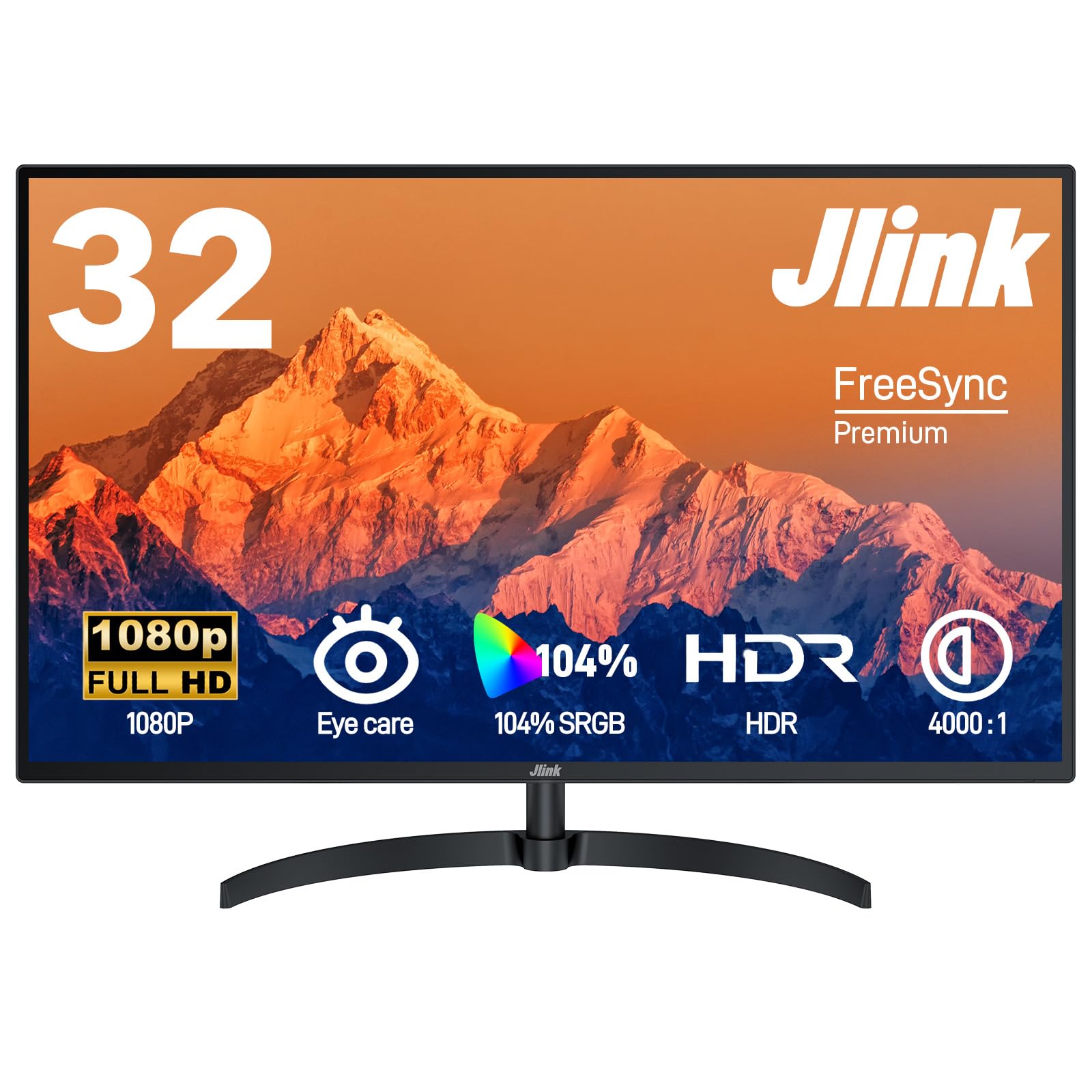 Jlink Computer Monitor FHD 32 Inch Monitor, 1920x1080P 60Hz 104% sRGB Display w/HDMI VGA 3.5mm Audio, HDR, VA Screen w/Freesync, Tilt，VESA Mount